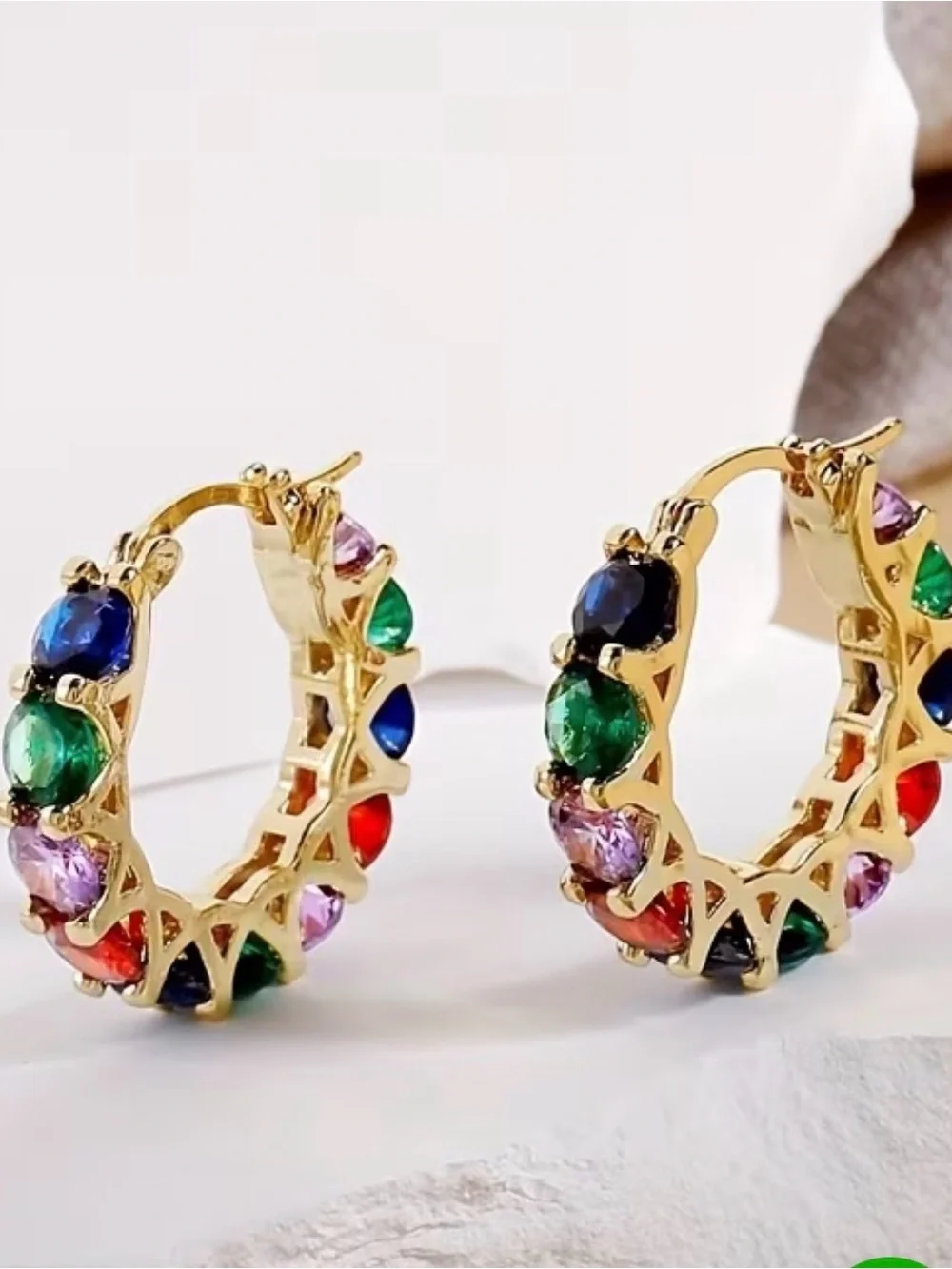 High Quality Gold-Tone Multi Gem Hoop Earrings - Colorful Crystal Accent